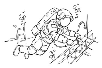 Astronaut performing maintenance and welding in outer space in continuous line art style © Cristiano