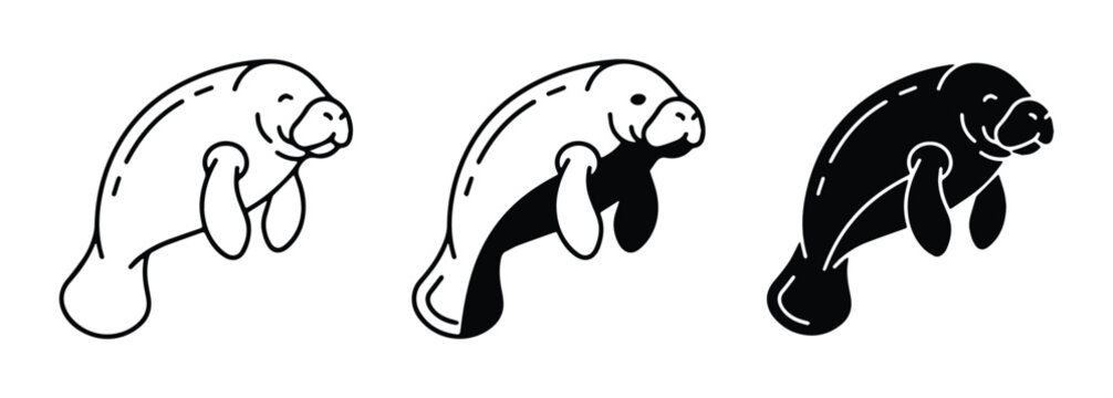Manatee Icons Set: Outline, Silhouette, and Filled Vector Illustrations for Marine Life and Ocean Themes
