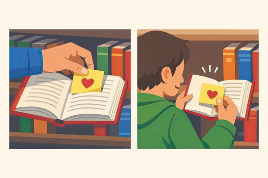 A person sitting and reading a book with a heart on the cover, possibly romantic or sentimental