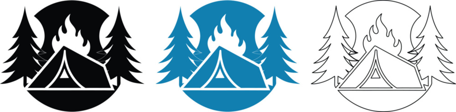 Camping logos with pine trees and tent