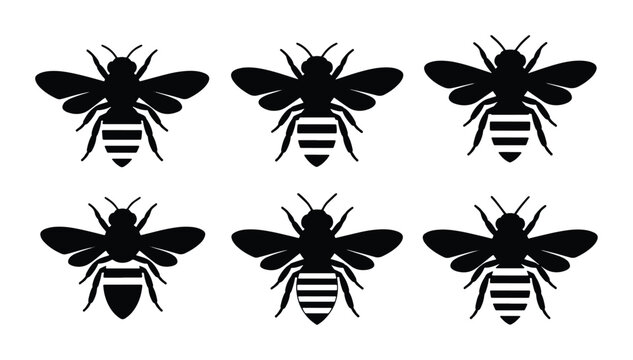Six Black Bee Silhouettes, Insect Vector Icons, Simple Animal Graphics for Nature and Honey Themes