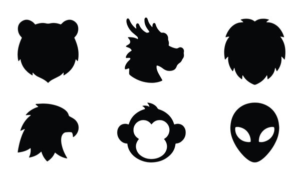 Diverse Animal and Creature Silhouettes Vector Icons Set, Mythical Dragon, Bear, Lion, Eagle, Monkey, Alien Heads