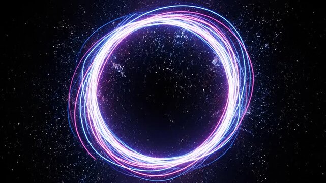 Abstract glowing purple and blue ring of light in darkness.