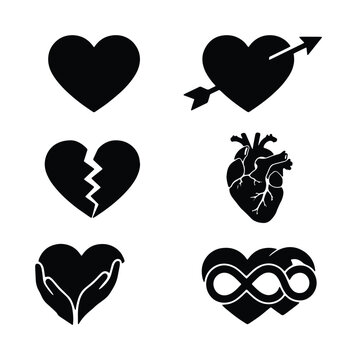Set of 6 Black Heart Icons: Love, Romance, Anatomy, Broken Heart, Infinity, Hands. Vector Graphics.