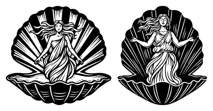 Birth of Venus goddess standing in seashell in classical mythology woodcut style