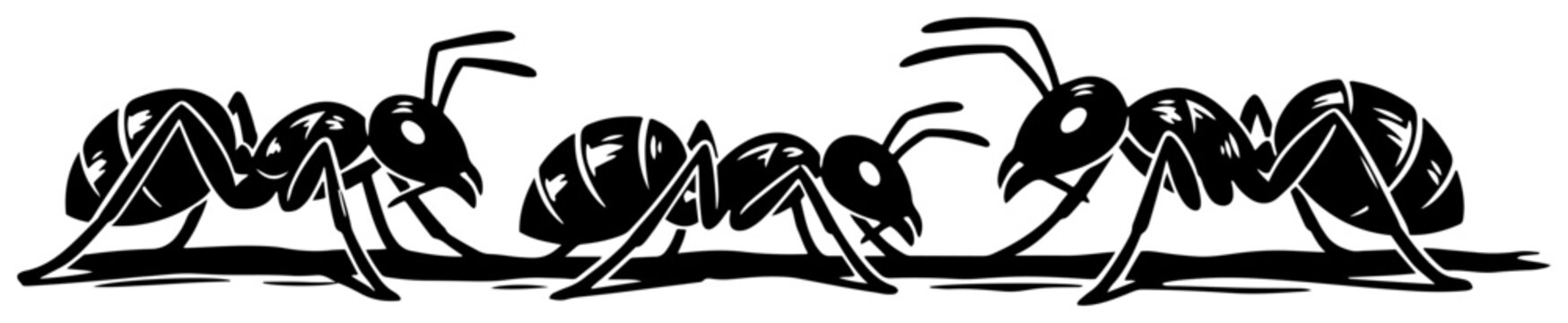 Worker ants crawling on ground in group in stylized linocut style