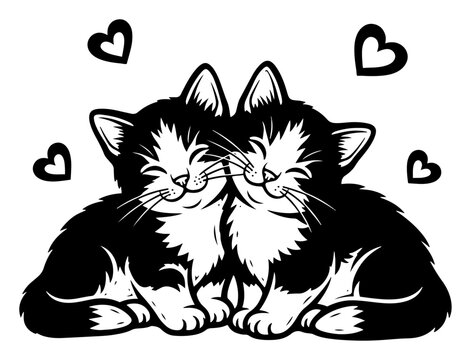 Two cute kittens sitting together surrounded by floating hearts in graphic style