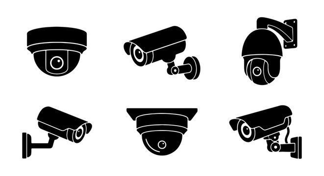 Security Camera Icons, Surveillance Systems, CCTV Equipment, Monitoring Devices Vector Set