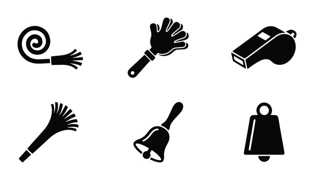 Sporting Event Accessories Icons: Whistle, Pom-Pom Hand, Party Blower, Bell, Noise Maker Vector Set