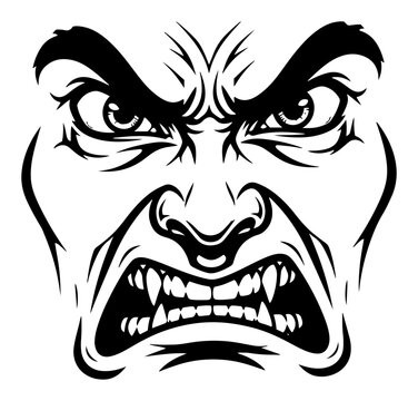 Angry monstrous face with sharp fangs and aggressive expression in bold graphic style