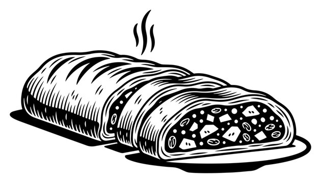 Sliced apple strudel pastry with steam rising in woodcut style