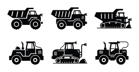 Heavy Construction Vehicles Set, Industrial Trucks Collection, Earthmoving Machinery Icons, Black and White Vector Graphics © Farzana