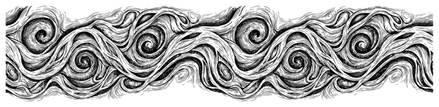 Swirling ocean waves and wind patterns horizontal border in detailed engraving style