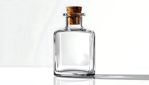 Isolated clear glass rectangular bottle with a cork stopper, studio shot, clean and simple