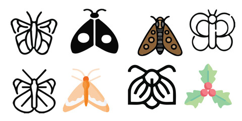 Vector graphic set of varied moth icons including a split black-and-white silhouette, a brown spotted design, and fine line geometric insect symbols © Mr. Akash