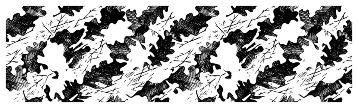 Oak leaves foliage and plant patterns in detailed engraving style