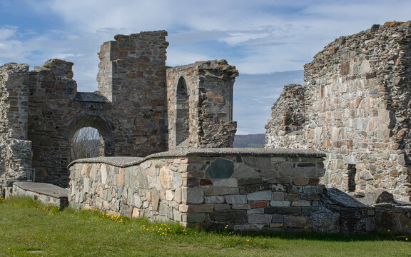 Historic stone ruins at Tautra, an island in Trondheimsfjord near Frosta, Norway. The remains of the medieval monastery showcase centuries of Norwegian history, surrounded by peaceful landscapes