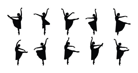 Ballet Dancer Silhouettes, Graceful Poses Collection, Elegant Female Dancer Movements, Artistic Performance Vector Set © Mitu