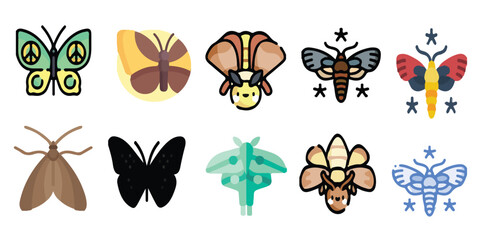 Vector design set featuring varied moths and butterflies including a green luna moth, a solid black silhouette, patterned wings, and celestial insect icons © Mr. Akash