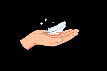 Naklejka premium A close-up of a hand holding a white feather against a dark background