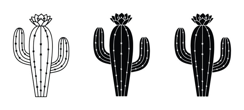 Saguaro Cactus Icons, Desert Plant Vector Graphics, Mexican Flora Illustrations, Black and White Botanical Art