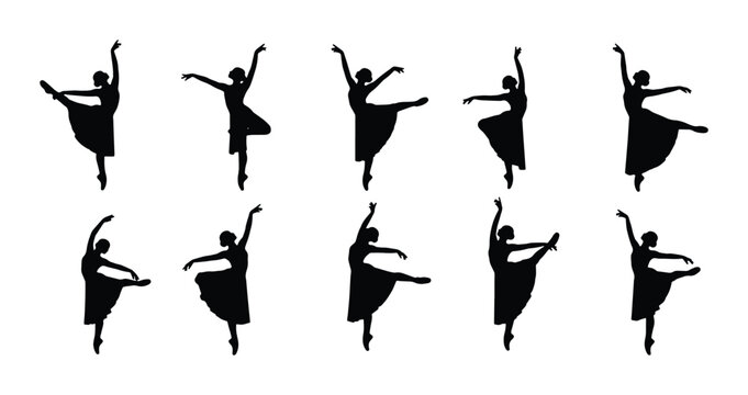 Ballet Dancer Silhouettes, Graceful Poses Collection, Elegant Female Dancer Movements, Artistic Performance Vector Set