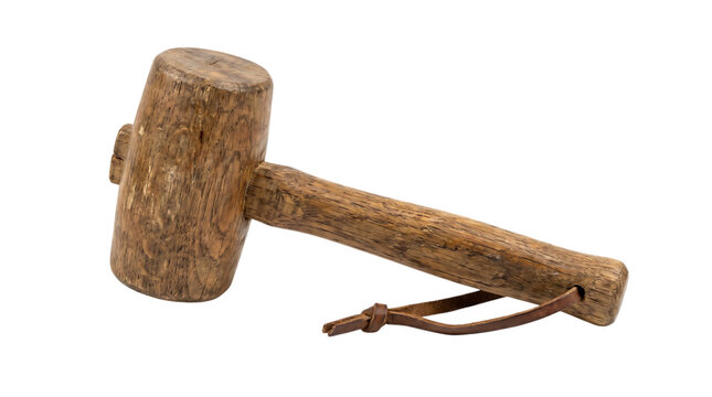 An old, rustic wooden mallet with a leather strap, isolated on a white background, used for various carpentry and crafting tasks.