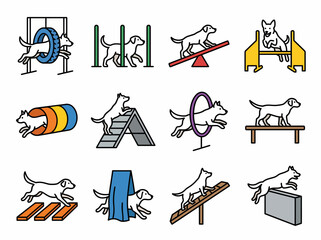 This image showcases a series of animated dogs navigating through different agility obstacles, highlighting their playful nature and skillful performances in agility training. © ddchuan