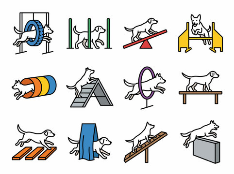 This image showcases a series of animated dogs navigating through different agility obstacles, highlighting their playful nature and skillful performances in agility training.