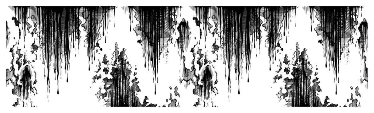 Hanging stalactites or dripping textures with detailed hatching and ink sketch style