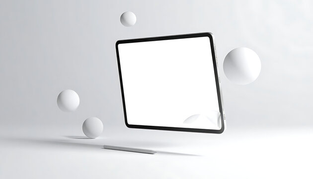 Isolated digital tablet with blank screen hovering in air near stylus and floating spheres, clean modern design for mockups