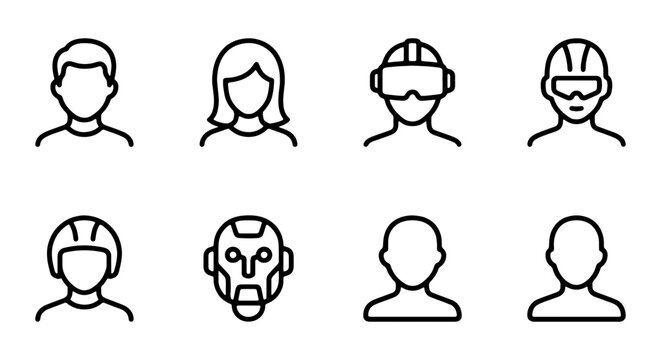 Diverse User Icons, Technology Avatars, People Silhouettes, Futuristic Head Symbols