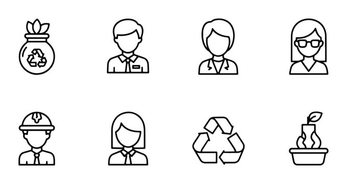 Eco-friendly professions icons, recycling symbols, and green growth vector set. Sustainable lifestyle and environmental care icons.