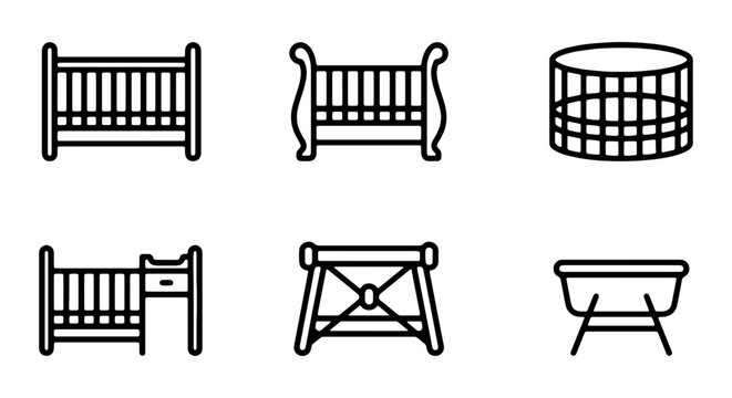 Baby Crib Icons, Newborn Bed Line Art, Infant Furniture Vector Set