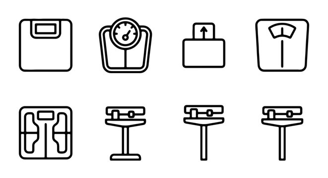Weight Scale Icons, Measurement Tools, Digital and Analog Balance Vector Set