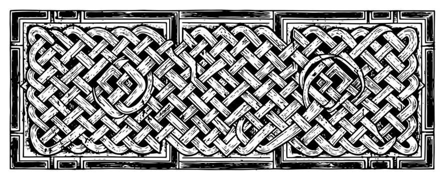 Celtic knotwork interlace pattern in rectangular frame with vintage engraving texture
