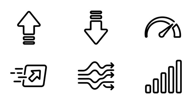Business Growth Icons: Up Arrow, Down Arrow, Speedometer, Data Chart, Flow