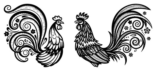 Ornamental roosters with floral swirls and decorative patterns in traditional folk style © Cristiano