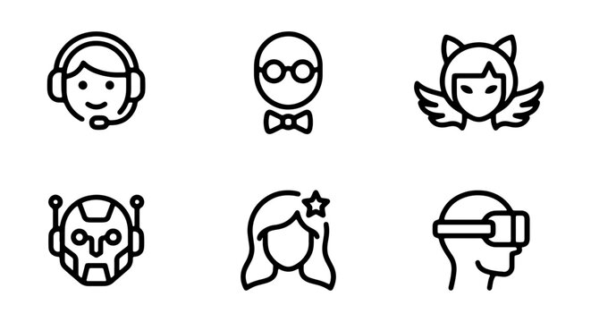 Diverse Character Icons: Avatar, Robot, Angel, VR User, Stylist, Operator