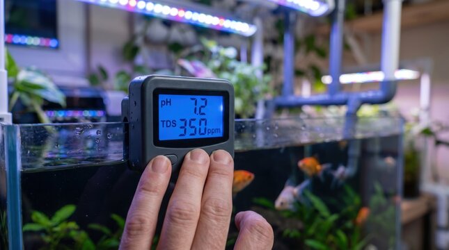 Person checking aquarium water quality with a digital ph and tds meter