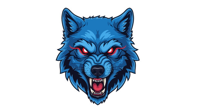 Intense blue wolf illustration with fiery red eyes on a clean white background