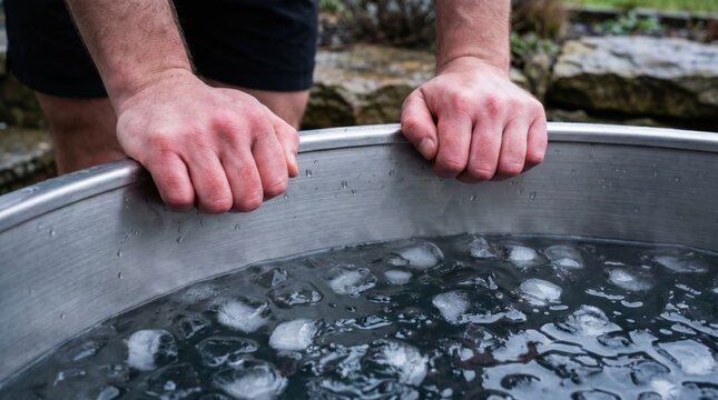 Close up of hands gripping the edge of a metal tub filled with cold water and ice cubes
