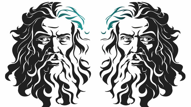 Dual portrait illustration depicting a bearded man with flowing hair