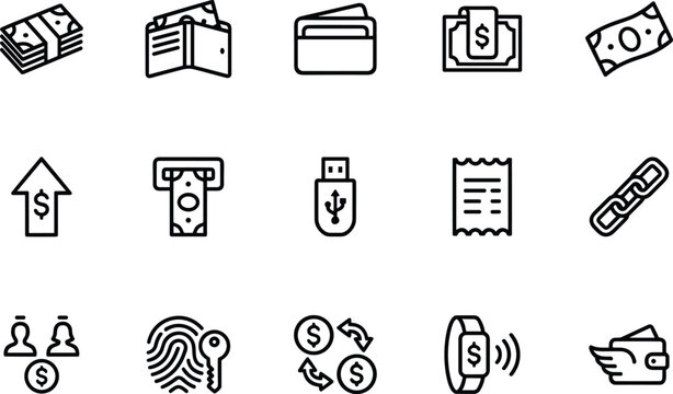 Digital Banking, Cash Payment and Financial Security Line Icon Set