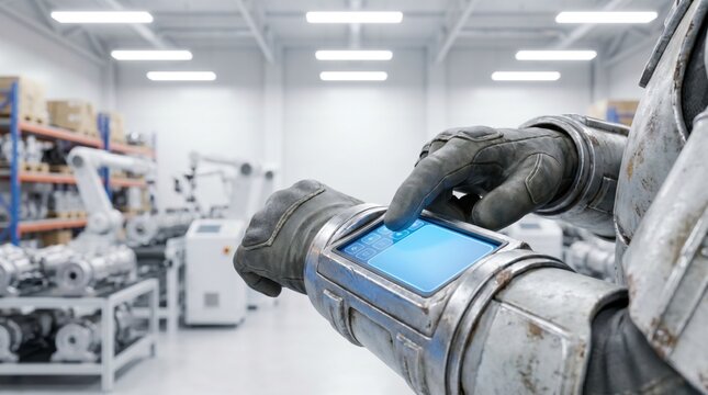 Worker in gloves using a futuristic wearable digital wrist computer screen in a modern factory