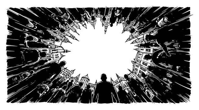 Crowd of silhouetted people surrounding viewer in urban setting in graphic engraving style