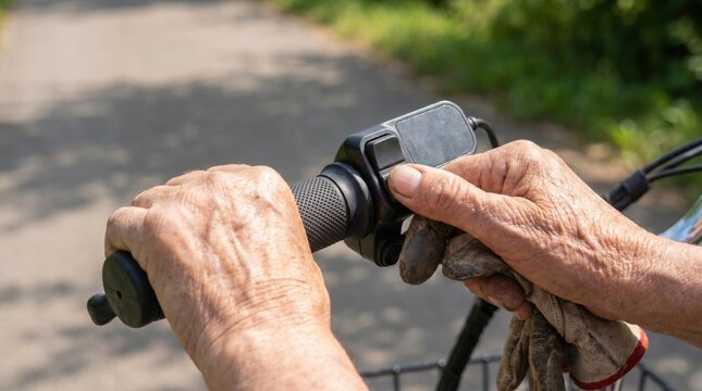 Close up of elderly wrinkled hands pressing the thumb throttle on an electric bicycle handlebar