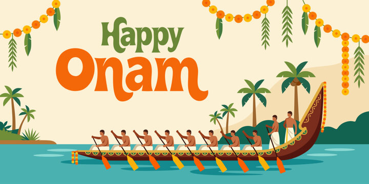 Indian men rowing traditional snake boat in Kerala during Onam festival. Cultural boat race competition on river water with tropical palm tree. Celebration card template banner design.