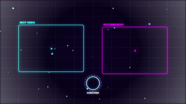 Digital end screen template with glowing neon video placeholders and motion