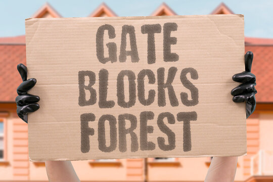 "Gate Blocks Forest" Entry gates and permits now restrict access to previously public forest land. GATES. PERMITS. RESTRICT. ACCESS. FOREST.